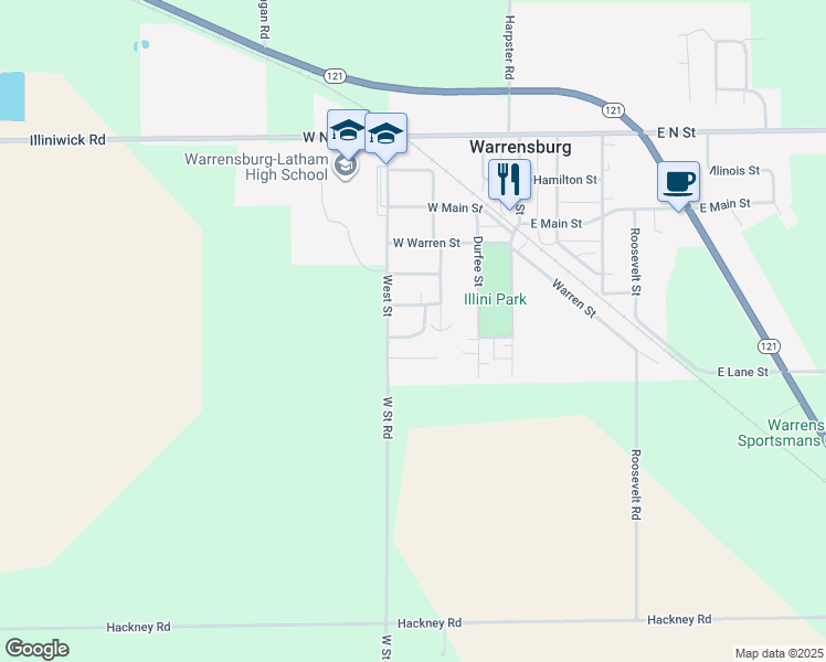 map of restaurants, bars, coffee shops, grocery stores, and more near 351 Southland Court in Warrensburg