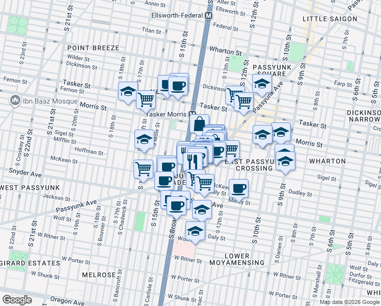 map of restaurants, bars, coffee shops, grocery stores, and more near 1326 Sigel Street in Philadelphia