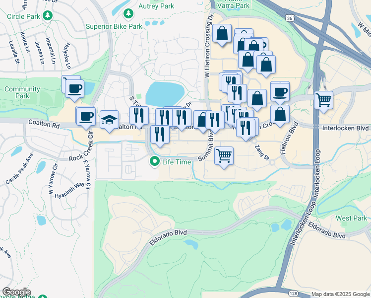map of restaurants, bars, coffee shops, grocery stores, and more near 453 Summit Boulevard in Broomfield
