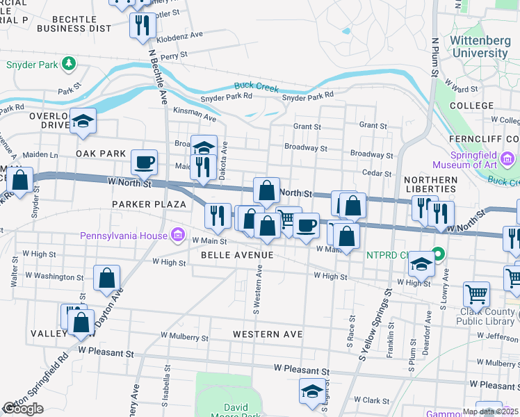 map of restaurants, bars, coffee shops, grocery stores, and more near 111 North Western Avenue in Springfield