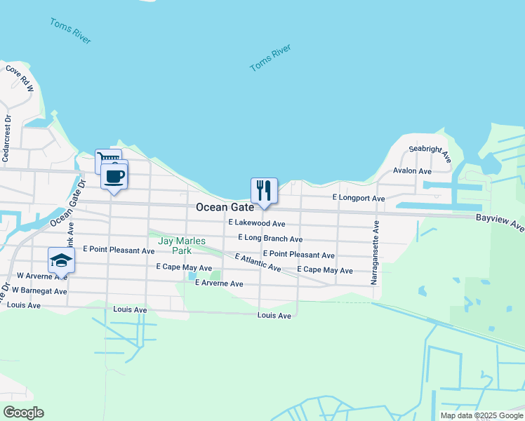 map of restaurants, bars, coffee shops, grocery stores, and more near 410 Monmouth Avenue in Ocean Gate