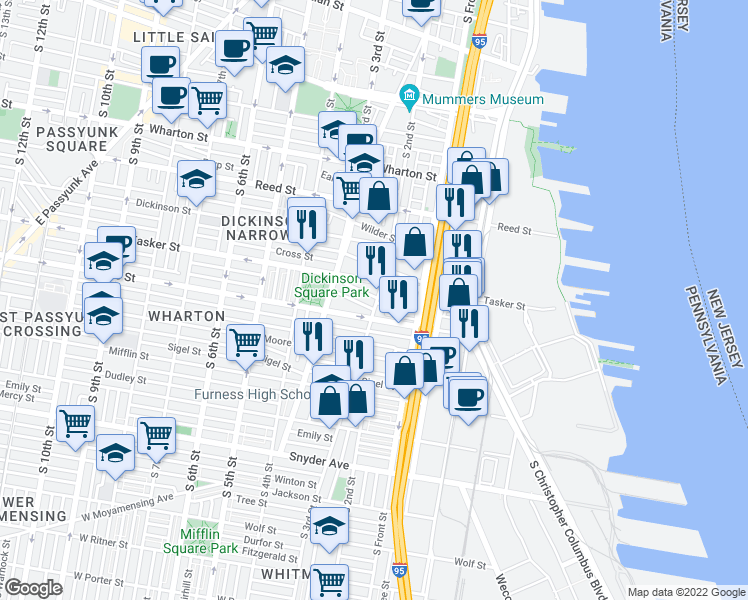 map of restaurants, bars, coffee shops, grocery stores, and more near 1620 South 2nd Street in Philadelphia
