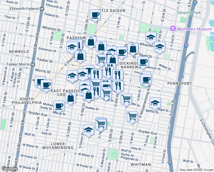 map of restaurants, bars, coffee shops, grocery stores, and more near 1712 South 7th Street in Philadelphia