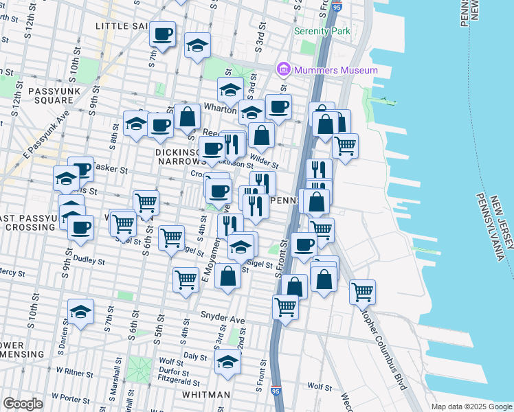 map of restaurants, bars, coffee shops, grocery stores, and more near 1620 South 2nd Street in Philadelphia