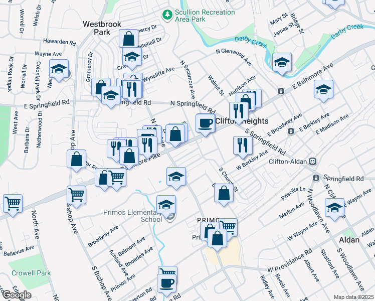 map of restaurants, bars, coffee shops, grocery stores, and more near 229 Cambridge Road in Clifton Heights