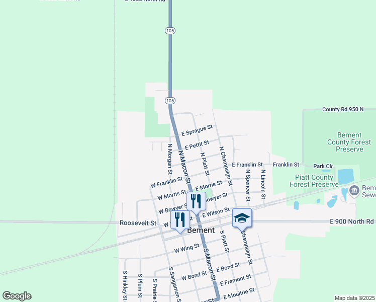 map of restaurants, bars, coffee shops, grocery stores, and more near 632 North Macon Street in Bement