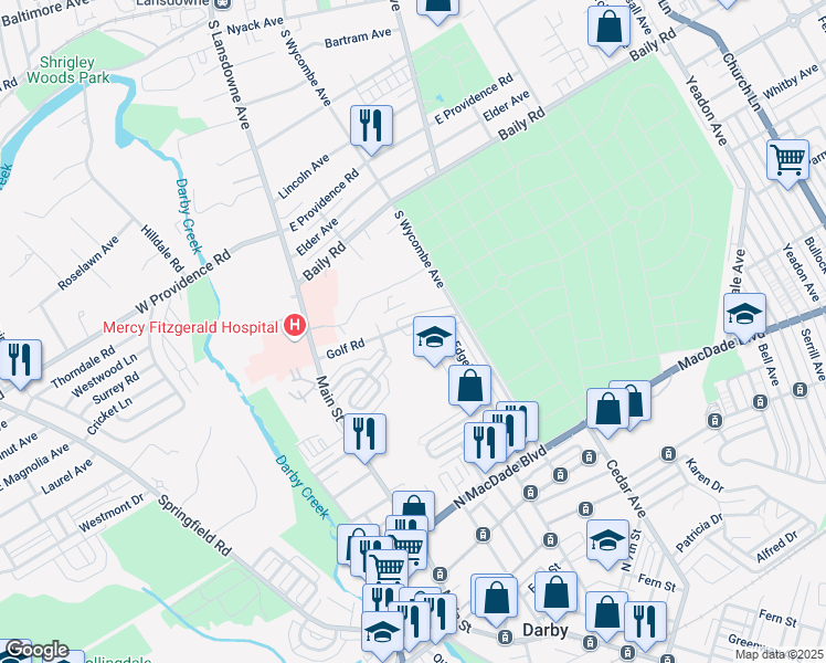 map of restaurants, bars, coffee shops, grocery stores, and more near 138 Golf Road in Darby