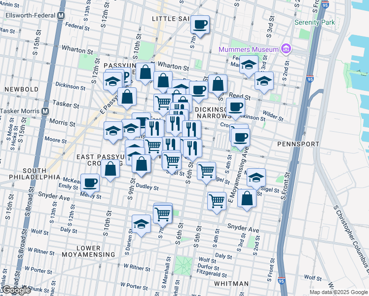 map of restaurants, bars, coffee shops, grocery stores, and more near 619 Watkins Street in Philadelphia