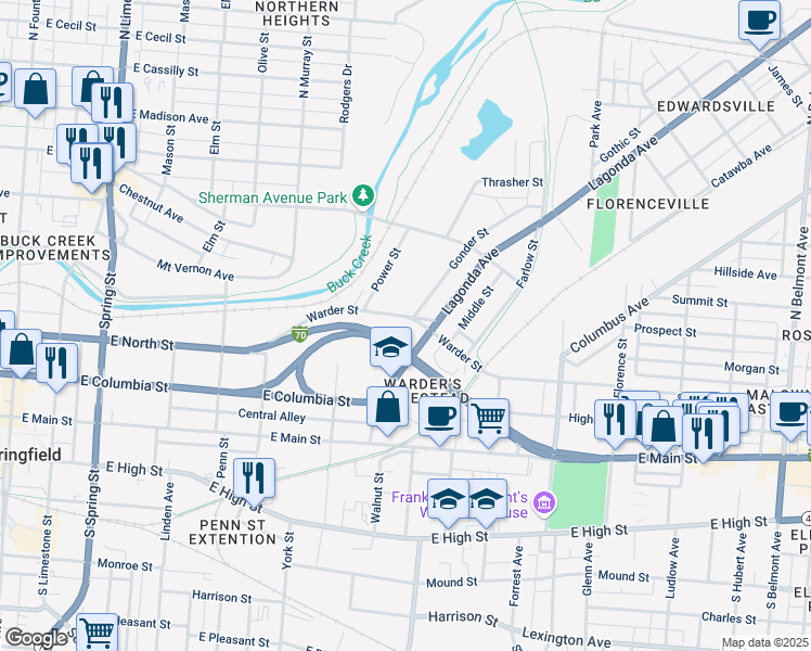 map of restaurants, bars, coffee shops, grocery stores, and more near 970 Lagonda Avenue in Springfield