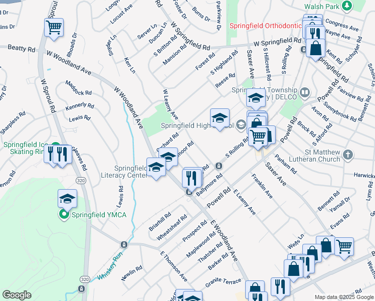 map of restaurants, bars, coffee shops, grocery stores, and more near 317 Wyndmoor Road in Springfield