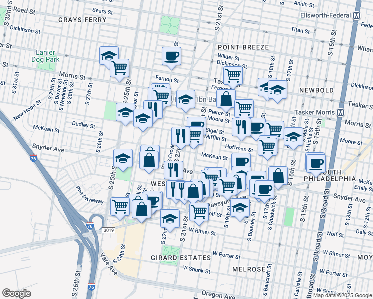 map of restaurants, bars, coffee shops, grocery stores, and more near 2125 McKean Street in Philadelphia