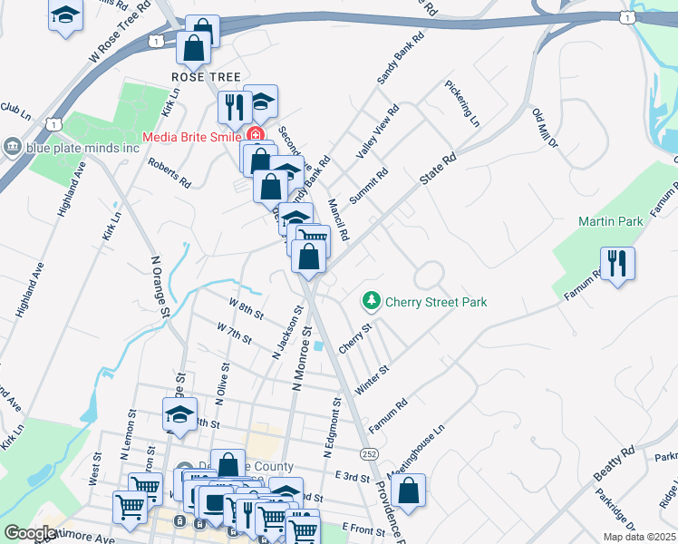 map of restaurants, bars, coffee shops, grocery stores, and more near 15 State Road in Media