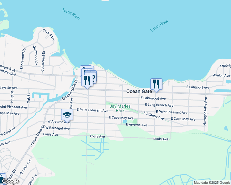 map of restaurants, bars, coffee shops, grocery stores, and more near 121 East Lakewood Avenue in Ocean Gate