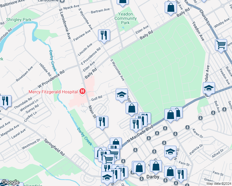 map of restaurants, bars, coffee shops, grocery stores, and more near 140 Golf Road in Darby