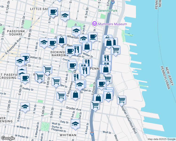 map of restaurants, bars, coffee shops, grocery stores, and more near 1621 South 2nd Street in Philadelphia