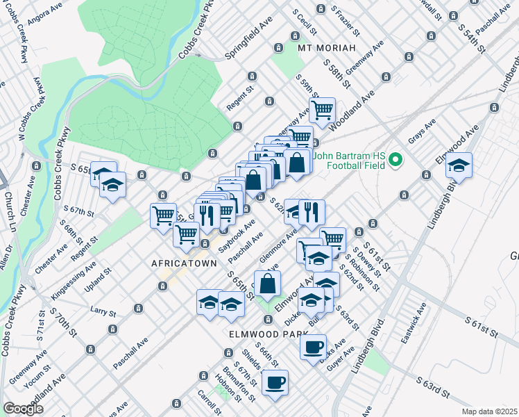 map of restaurants, bars, coffee shops, grocery stores, and more near 2210 South Felton Street in Philadelphia