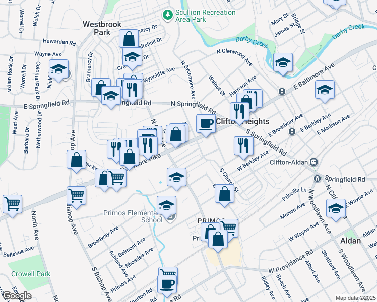 map of restaurants, bars, coffee shops, grocery stores, and more near 227 Cambridge Road in Clifton Heights