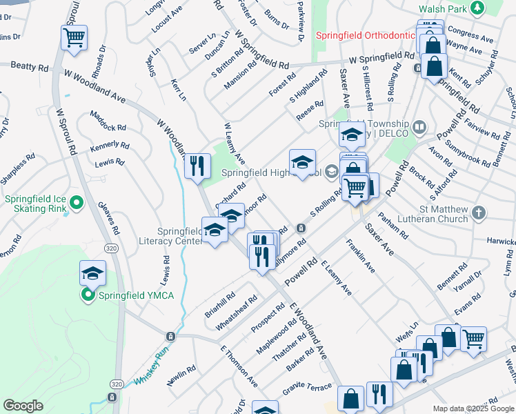 map of restaurants, bars, coffee shops, grocery stores, and more near 317 Wyndmoor Road in Springfield