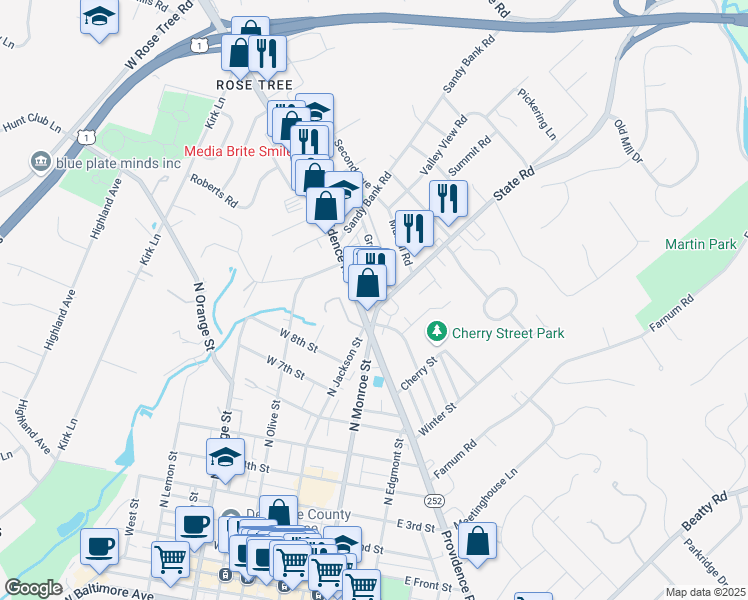 map of restaurants, bars, coffee shops, grocery stores, and more near 4 State Road in Media