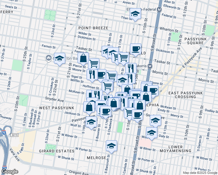 map of restaurants, bars, coffee shops, grocery stores, and more near 1714 Mifflin Street in Philadelphia