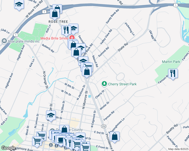 map of restaurants, bars, coffee shops, grocery stores, and more near 15 State Road in Media