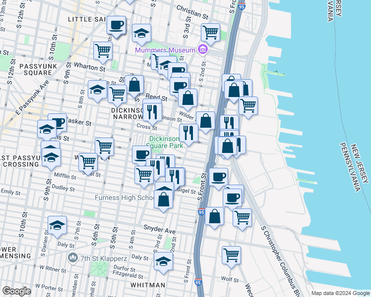 map of restaurants, bars, coffee shops, grocery stores, and more near 1618 South 2nd Street in Philadelphia