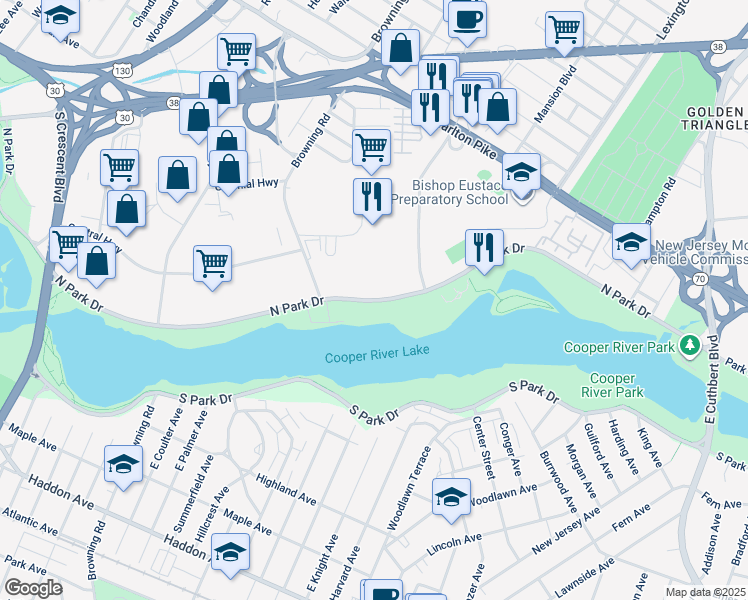 map of restaurants, bars, coffee shops, grocery stores, and more near 5077 North Park Drive in Pennsauken Township