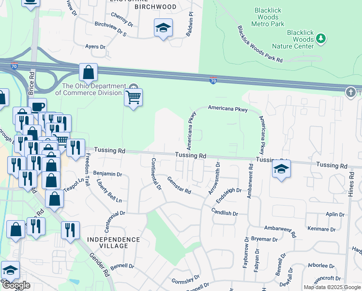 map of restaurants, bars, coffee shops, grocery stores, and more near 6800 Tussing Road in Reynoldsburg