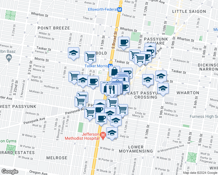 map of restaurants, bars, coffee shops, grocery stores, and more near 1823 South Broad Street in Philadelphia