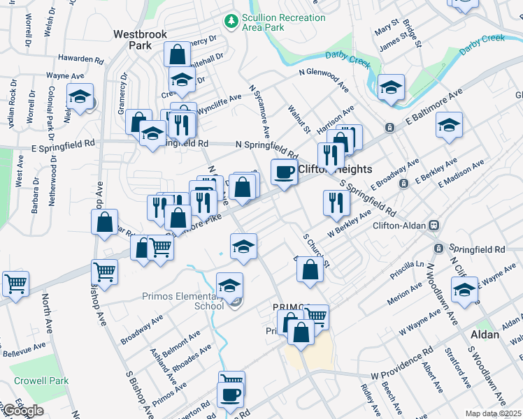 map of restaurants, bars, coffee shops, grocery stores, and more near 225 Cambridge Road in Clifton Heights