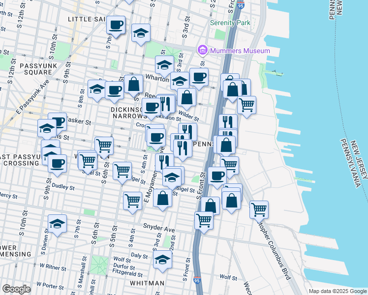map of restaurants, bars, coffee shops, grocery stores, and more near 1618 South 2nd Street in Philadelphia
