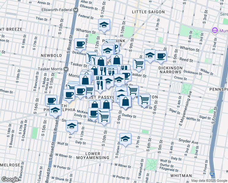 map of restaurants, bars, coffee shops, grocery stores, and more near 1733 South 10th Street in Philadelphia