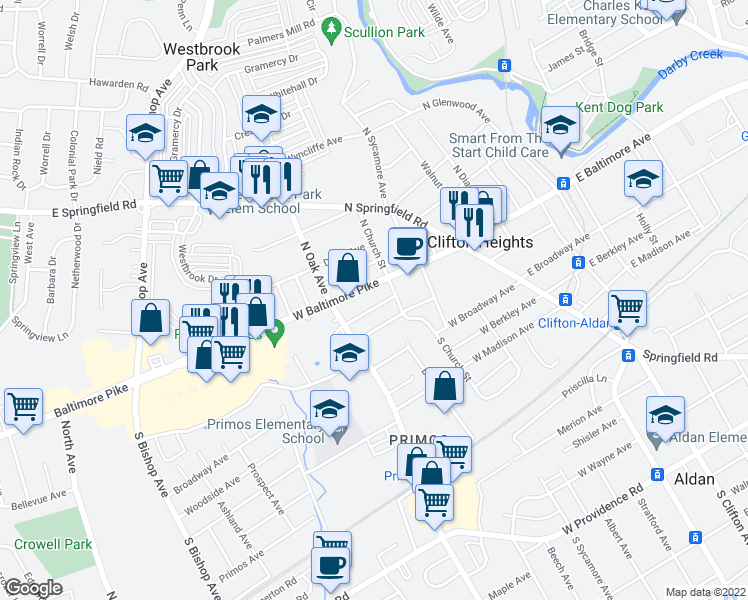 map of restaurants, bars, coffee shops, grocery stores, and more near 225 Cambridge Road in Clifton Heights