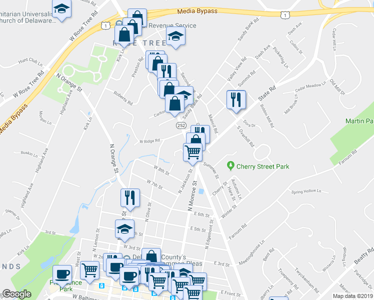map of restaurants, bars, coffee shops, grocery stores, and more near 25 Oakmont Place in Media