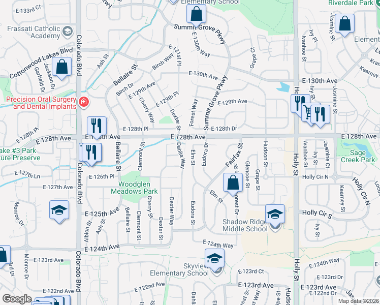 map of restaurants, bars, coffee shops, grocery stores, and more near 12761 Elm Street in Thornton