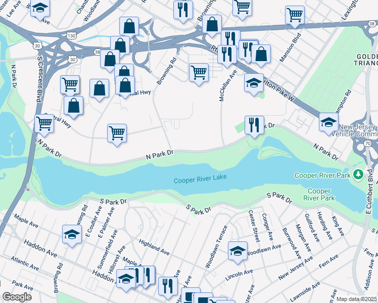 map of restaurants, bars, coffee shops, grocery stores, and more near 5051 North Park Drive in Pennsauken Township