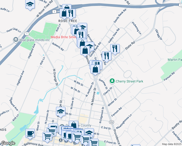 map of restaurants, bars, coffee shops, grocery stores, and more near 25 Oakmont Place in Media