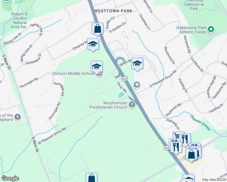 map of restaurants, bars, coffee shops, grocery stores, and more near 108 Hidden Pond Way in West Chester