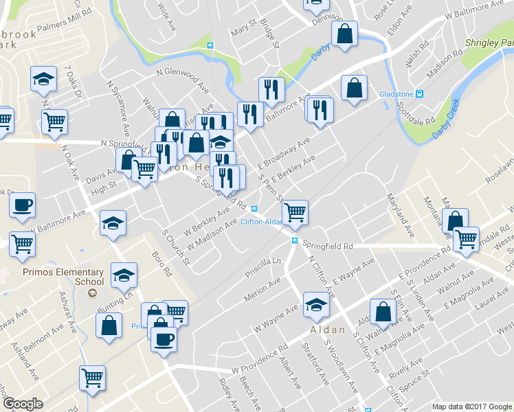 map of restaurants, bars, coffee shops, grocery stores, and more near 5 Windsor Lane in Clifton Heights