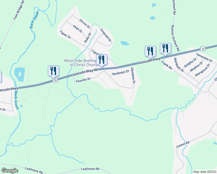 map of restaurants, bars, coffee shops, grocery stores, and more near 176 Diopside Drive in Chambersburg