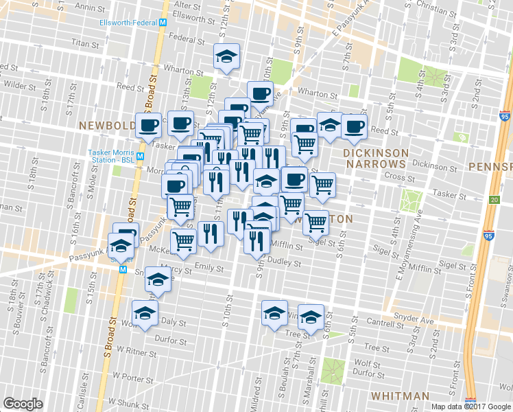 map of restaurants, bars, coffee shops, grocery stores, and more near 924 Pierce Street in Philadelphia