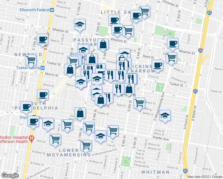 map of restaurants, bars, coffee shops, grocery stores, and more near in Philadelphia