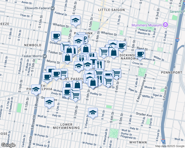 map of restaurants, bars, coffee shops, grocery stores, and more near 1740 South 9th Street in Philadelphia