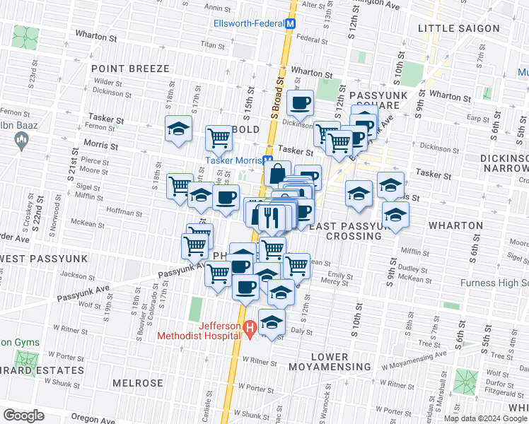 map of restaurants, bars, coffee shops, grocery stores, and more near 1326 Sigel Street in Philadelphia