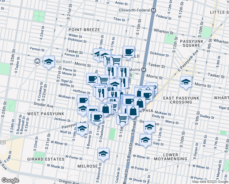 map of restaurants, bars, coffee shops, grocery stores, and more near 1912 South 16th Street in Philadelphia