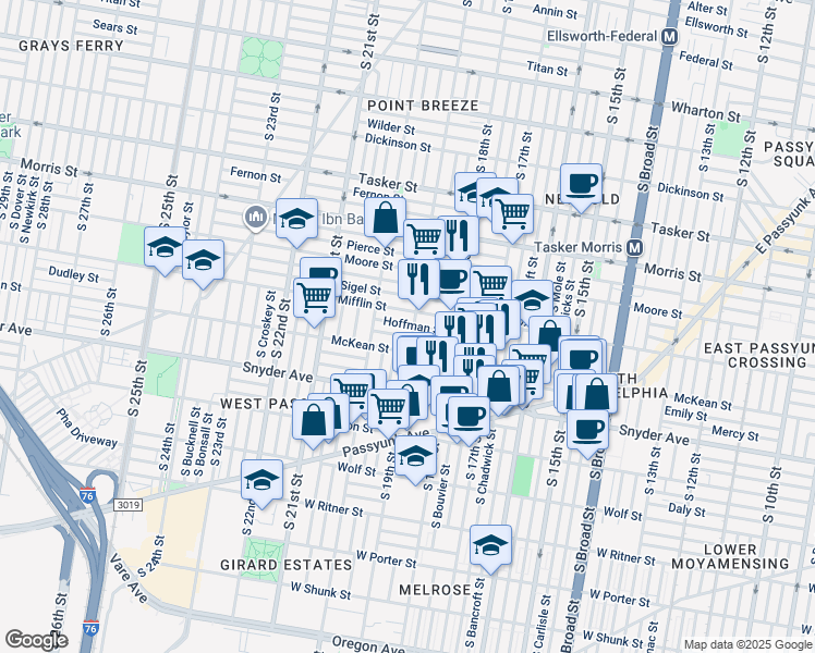 map of restaurants, bars, coffee shops, grocery stores, and more near 1914 South 19th Street in Philadelphia