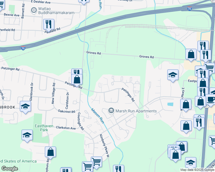 map of restaurants, bars, coffee shops, grocery stores, and more near 3692 Petzinger Road in Columbus