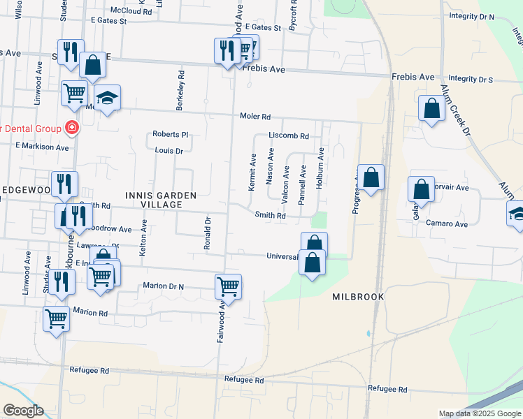 map of restaurants, bars, coffee shops, grocery stores, and more near 1595 Smith Road in Columbus