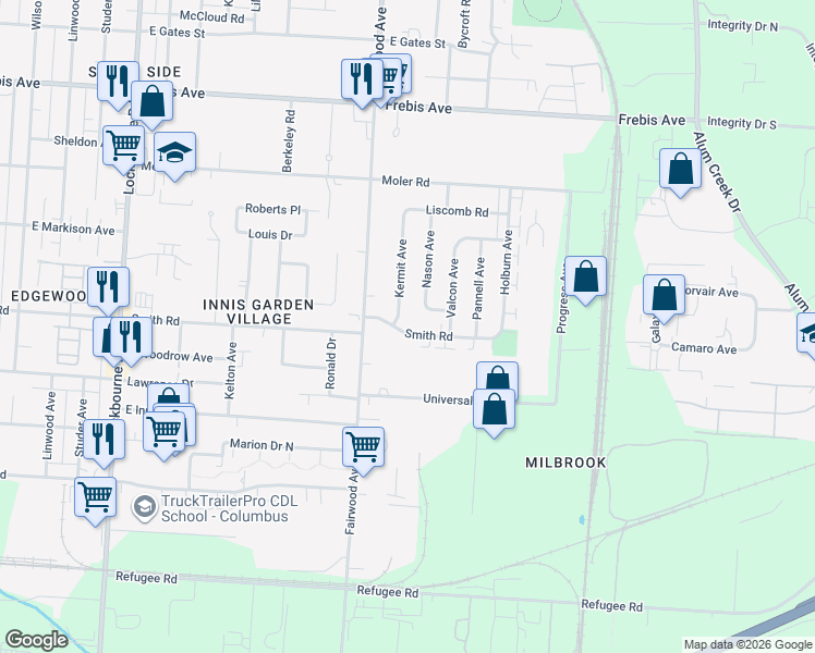 map of restaurants, bars, coffee shops, grocery stores, and more near 1595 Smith Road in Columbus