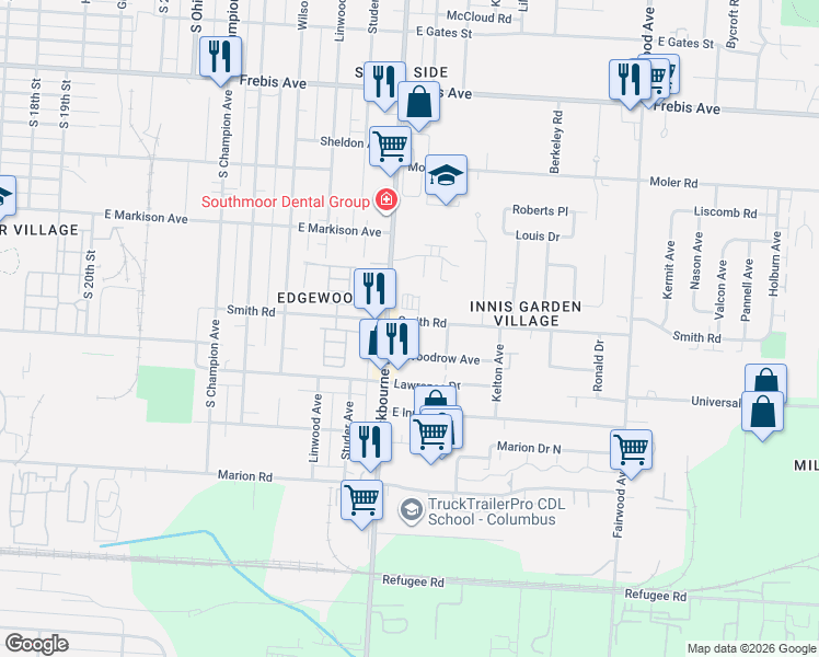 map of restaurants, bars, coffee shops, grocery stores, and more near 1118 East Woodrow Avenue in Columbus